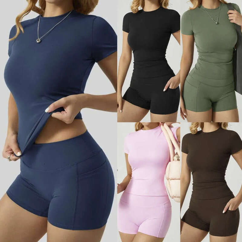 2-Piece Set New yoga set Exercise Fitness Suit, Tight Top Peach Hip Shorts Pocket Set designer yoga Breathable and quick drying yoga set