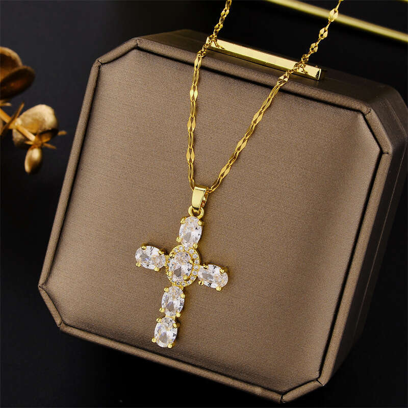 Copper Micro-Inlaid Zircon Multi-Color Cross Pendant Hip-Hop Necklace Clavicle Chain