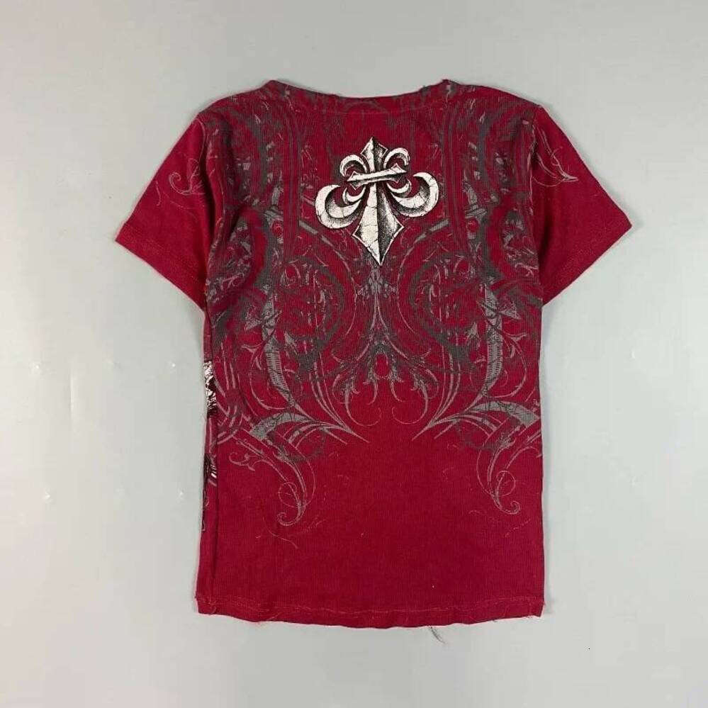 ZHE HAN 90S Affliction Retro Red Shirt Men Style Streetwear Tee Gothic Skull Cross Print Trendy Graphic T Shirts American Fashion Tops