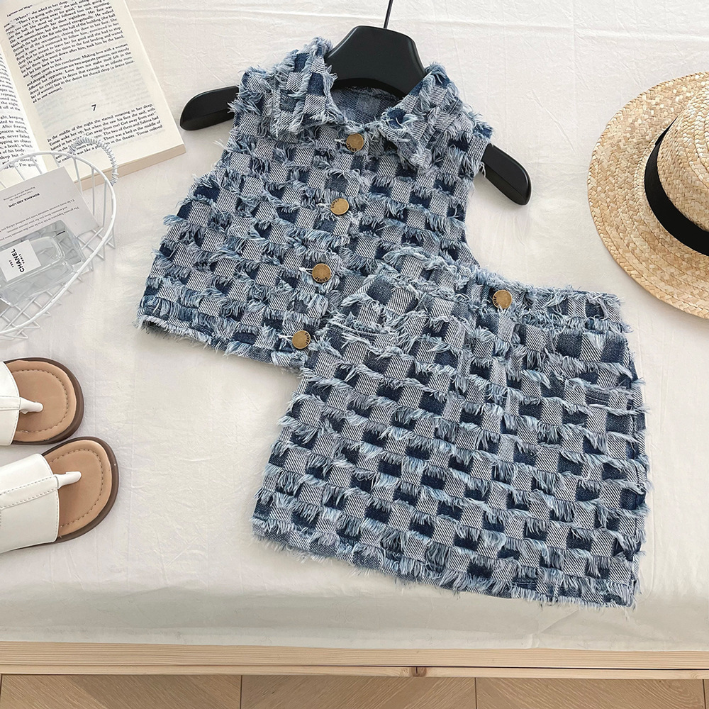 2026 New Designer Luxury Brand Summer Brushed Plaid Denim Vest Skirt Breathable Set Baby Fashion Style Lapel Set 6517