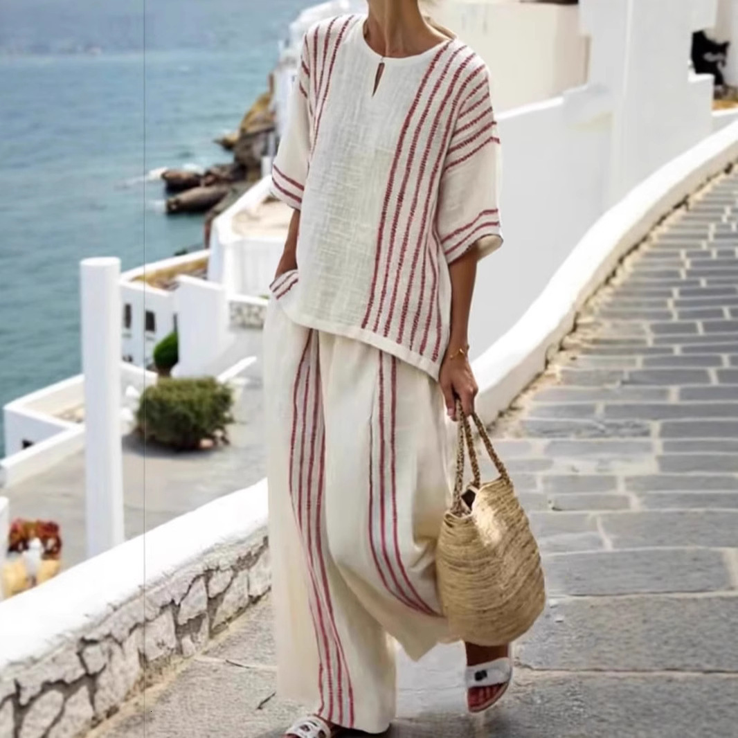 2026 New Designer Luxury Brand European And American Style Women's Clothing Independent Station Round Neck Striped Short Sleeved Linen Cotton Top