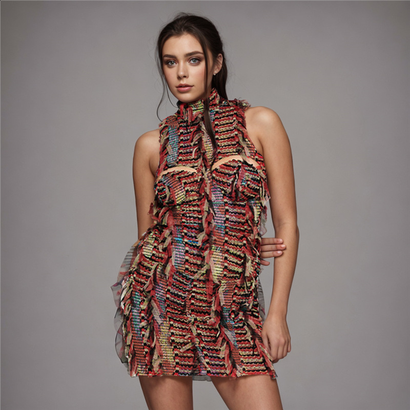 Kliou Panelled Tassel Midi Dress Womens Unique Backless Sleeveless Sexy Cleavage Skinny Vestitos Womens Amazing Street Party Dress 250107