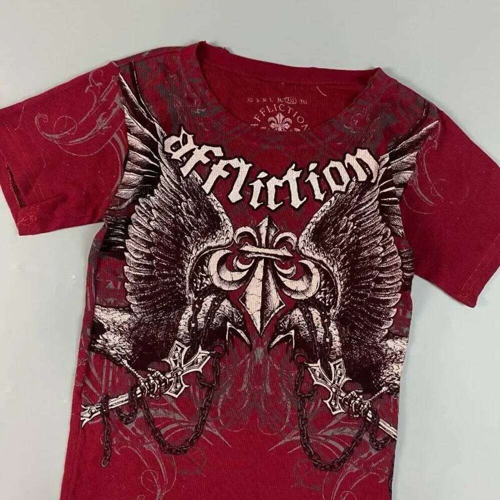 ZHE HAN 90S Affliction Retro Red Shirt Men Style Streetwear Tee Gothic Skull Cross Print Trendy Graphic T Shirts American Fashion Tops