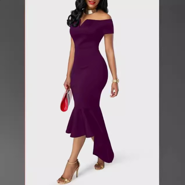 summer womens dress short sleeve off shoulder Vneck irregular hem long skirt banquet slim fit 210331