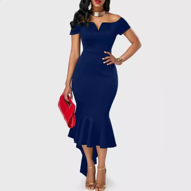 summer womens dress short sleeve off shoulder Vneck irregular hem long skirt banquet slim fit 210331