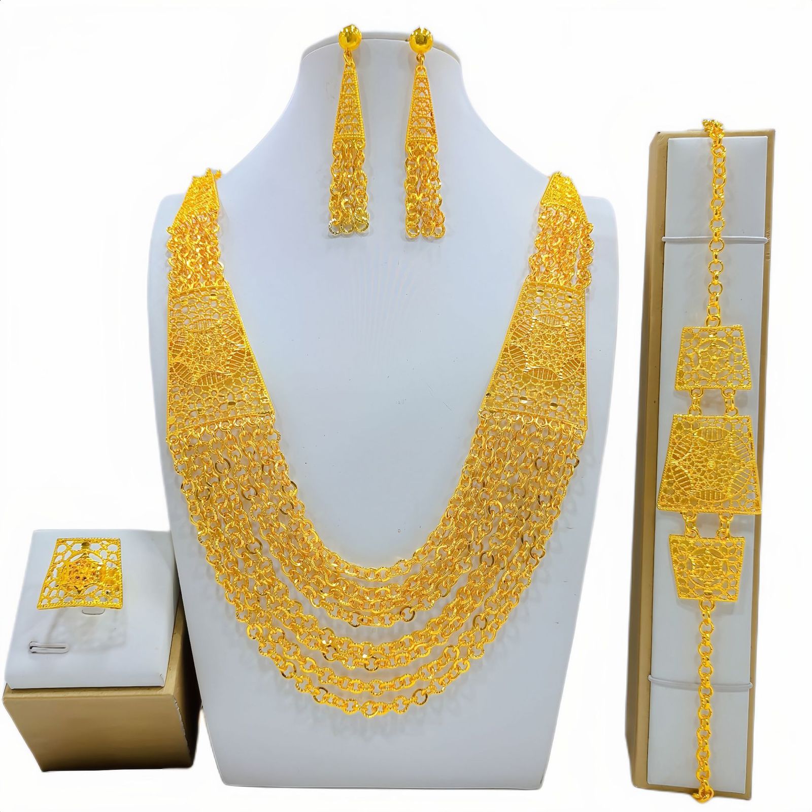 New 24K Gold Plated Dubai bride Necklace Earring Ring Bracelet Set Indian womens jewelry set 250626