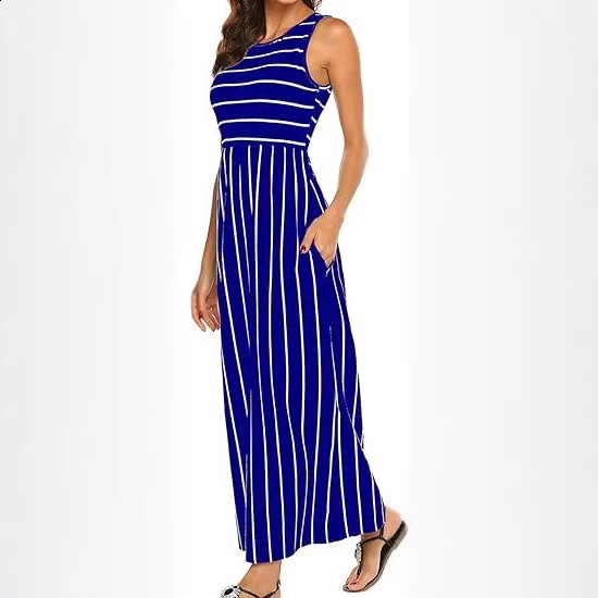 Womens Summer Sleeveless Striped Flowy Casual Long Dress with Pockets 240812