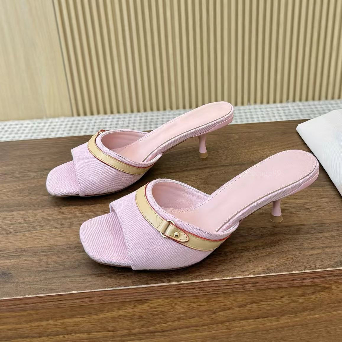 womens heels x TM Mule pink high heeled designer women pink denim mules Signature Leather outsole models stiletto heel feminine style casual mule sandals