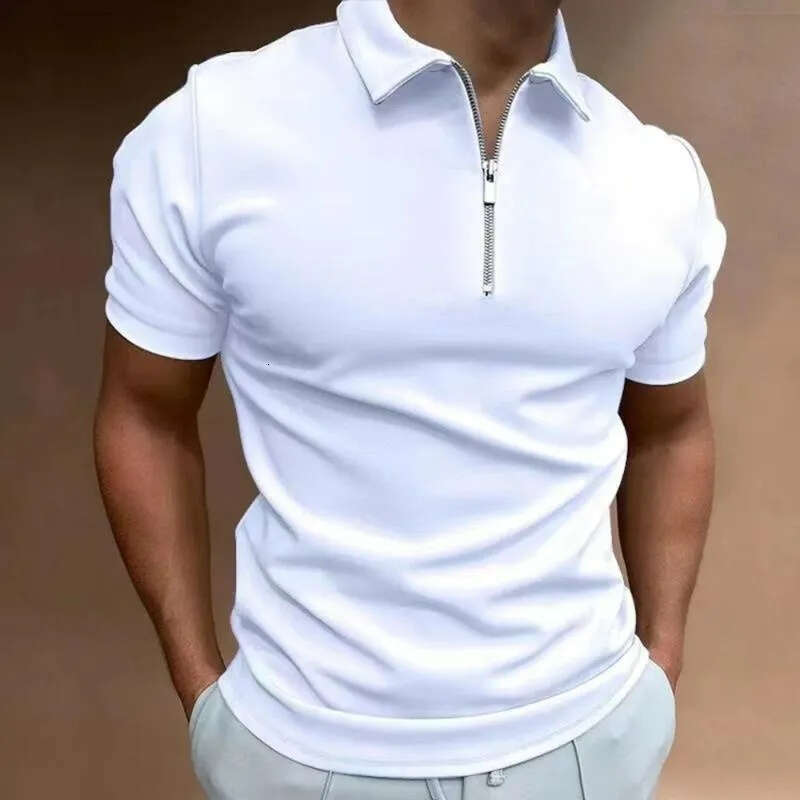 Men's Polo Shirts Solid Color Short Sleeve Zip Collar Casual Top High Quality Summer Street wear by Harajuku