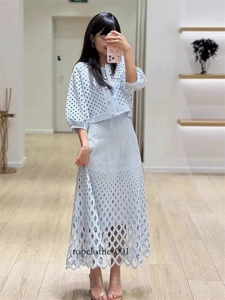 Diamond Decoration Hollow Out Women's Knitted Cardigan Coat Single-Breasted Top or Camisole Midi Dress Strap Robe for Female
