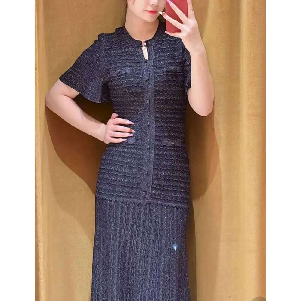 Spring New Women Fashion Hot Diamond Threaded Knitted Dress High Waist Short Sleeve Pleated Robe For Lady Mdng260223
