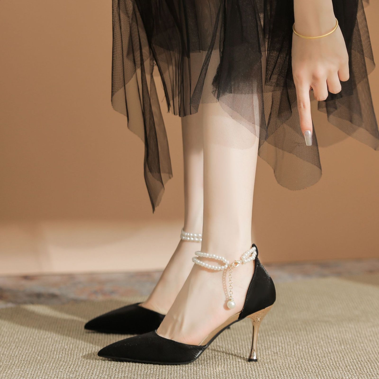 Spring Womens Wedding Shoes High Heel Shoe Pearl Silk White High Heels Ladies Sexy Dot Toe Pearl Pump 241223