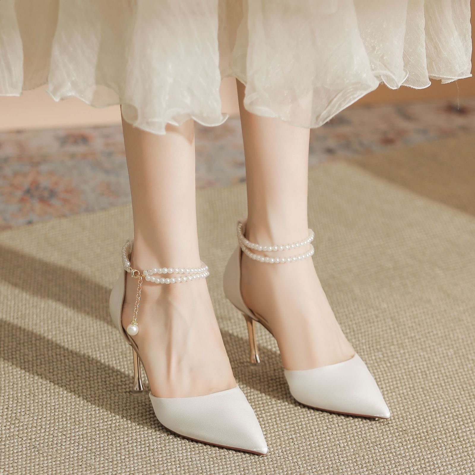 Spring Womens Wedding Shoes High Heel Shoe Pearl Silk White High Heels Ladies Sexy Dot Toe Pearl Pump 241223