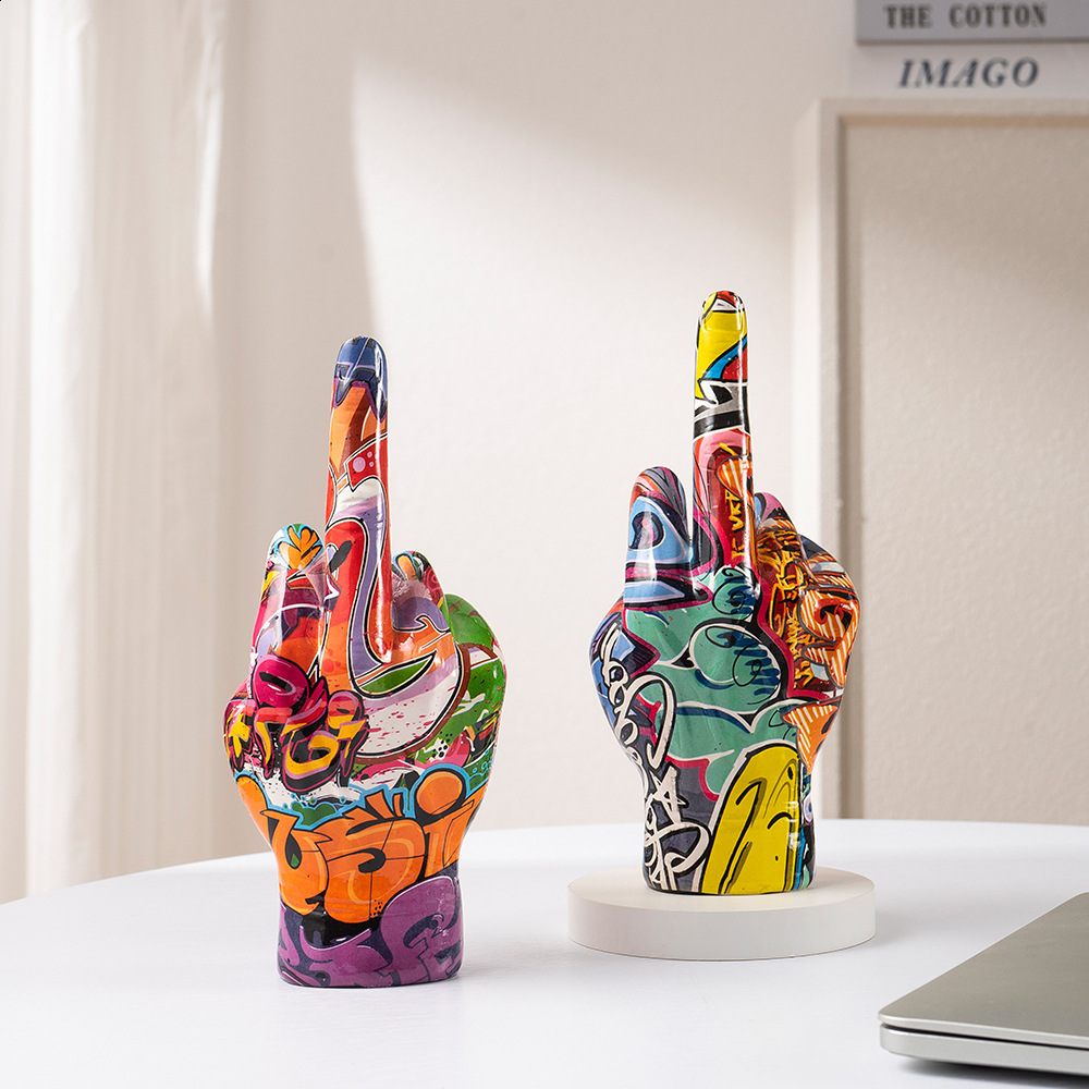 Graffiti Middle Finger Ornament Art And Crafts Resin Gesture Statue Desktop Ring A Living Room Home Decoration 240904