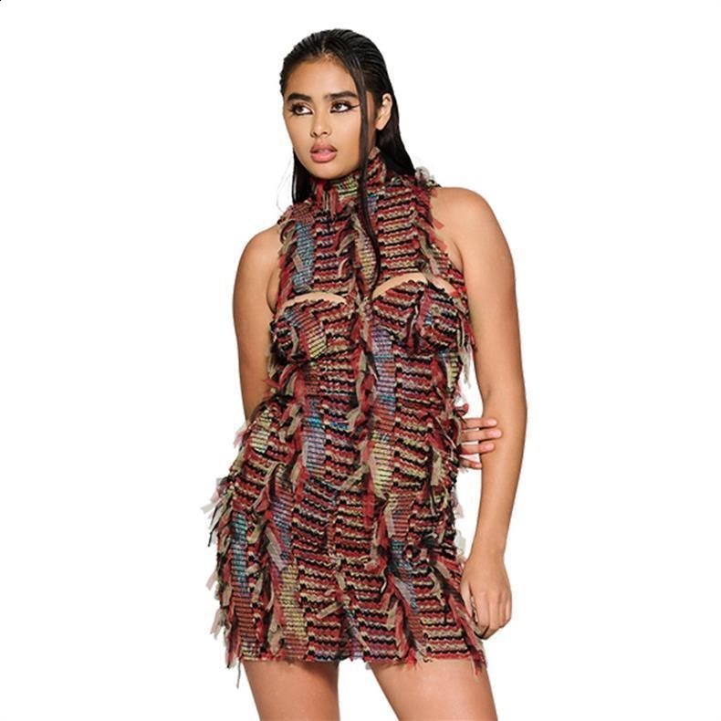 Kliou Panelled Tassel Midi Dress Womens Unique Backless Sleeveless Sexy Cleavage Skinny Vestitos Womens Amazing Street Party Dress 250107