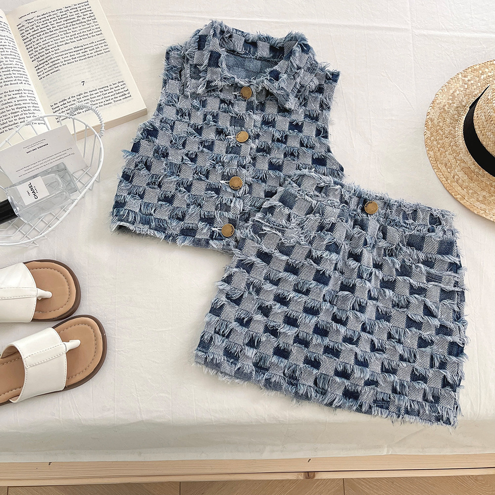 2026 New Designer Luxury Brand Summer Brushed Plaid Denim Vest Skirt Breathable Set Baby Fashion Style Lapel Set 6517