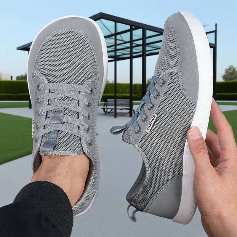 Fashionable Men's Wide Footed Breathable Barefoot Flat Comfort Non Slip Light Gray Mesh Walking Shoes Hot Sell 2025