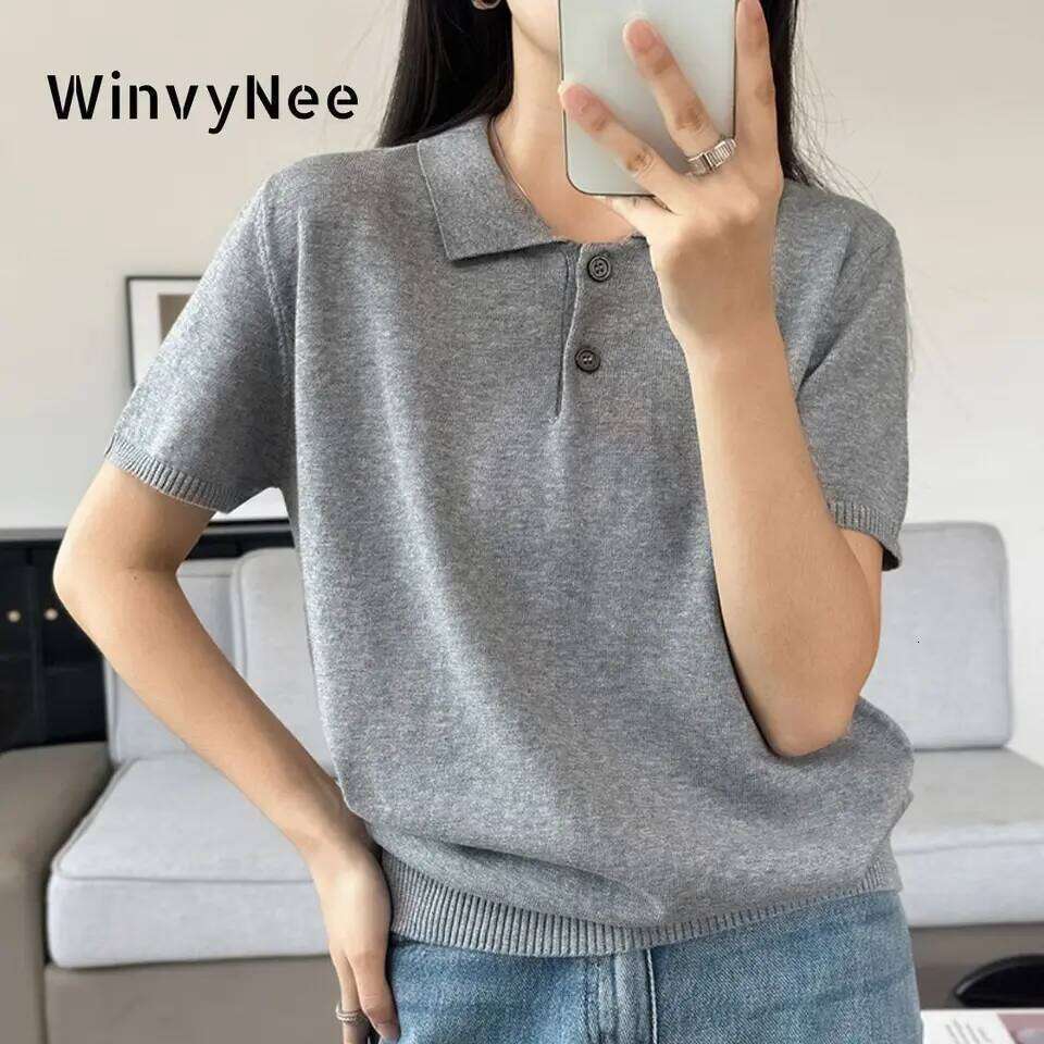 WinvyNee Summer Women's Clothing Cotton T-shirt Short Sleeve Polo Collar Clothes Solid Casual Pullover Female Tops A1002029 26W0224