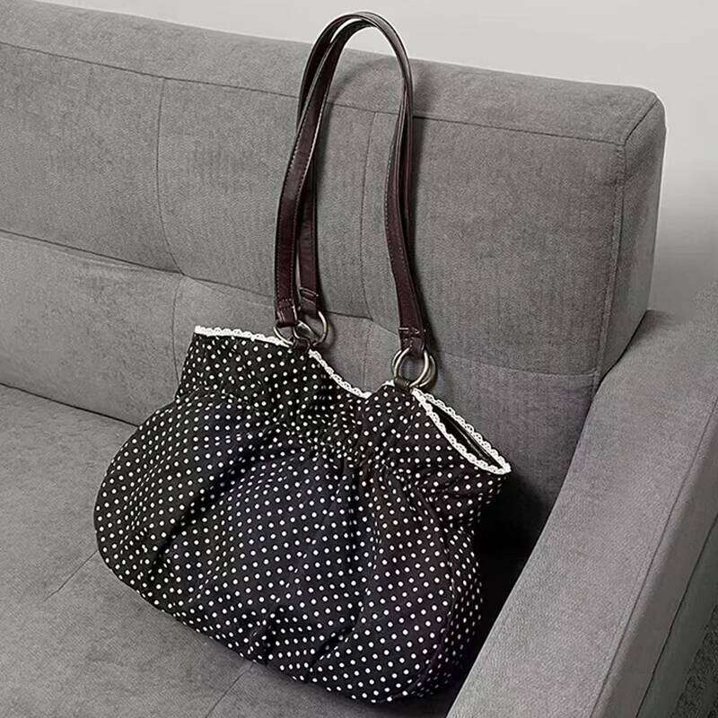 Vintage Y2k Polka Dot Bow Shoulder Japanese Sweet Underarm Stylish Cute Lolita Handbag Casual Versatile Plush Tote Bag Z260224