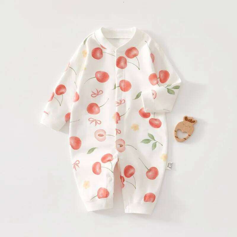 2026 Spring Cute Baby Boy Girl Romper Pure Cotton Long Sleeve Cherry Pattern Jumpsuit 9 to 12Months 26H0224