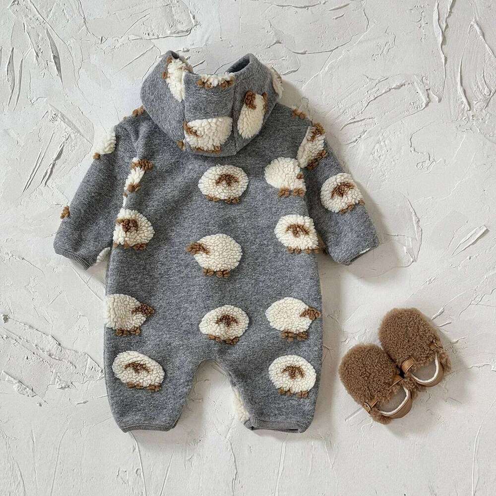 Plush Fashion Lamb Embroidered Jumpsuit Winter New Girls Boys Baby Long Sleeved Crawling Suit Thickened 26Y0224