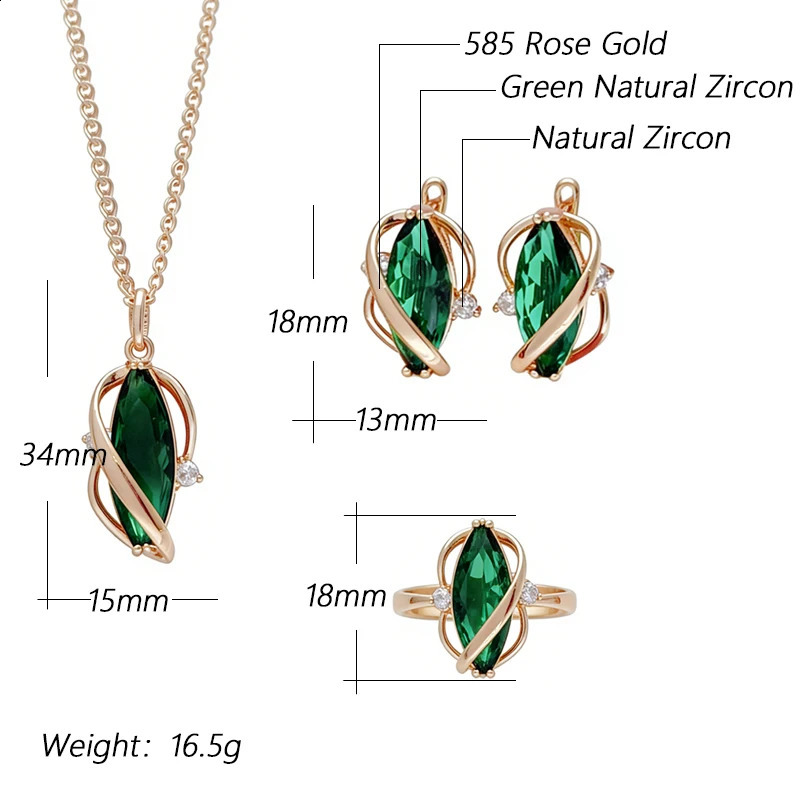 Kinel Shiny Green Natural Zircon Jewelry Sets for Woman Fashion 585 Rose Gold Color Ring Earrings Necklace 3Pcs Vintage 260207