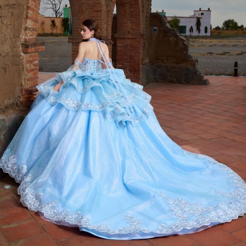 Sky Blue Shiny Quinceanera Dresses Ball Gown Off The Shoulder Applique Lace Beading Crystal Bow Tull Party Birthday Sweet 16 Vestidos 15 De Anos