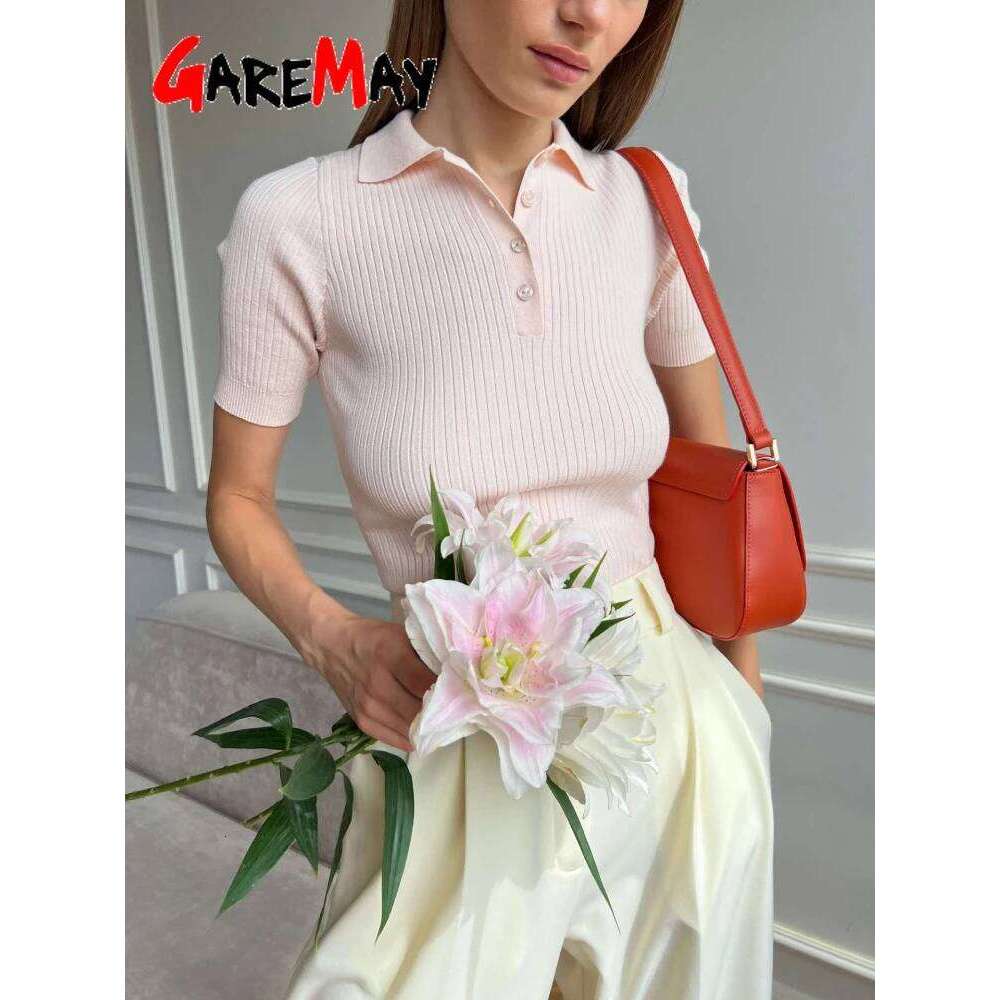 Women's Knitted T-shirt Green Elegant Short Sleeve Summer Top Ribbed Sweater Slim Basic Polo with Collar for Women 26W0224