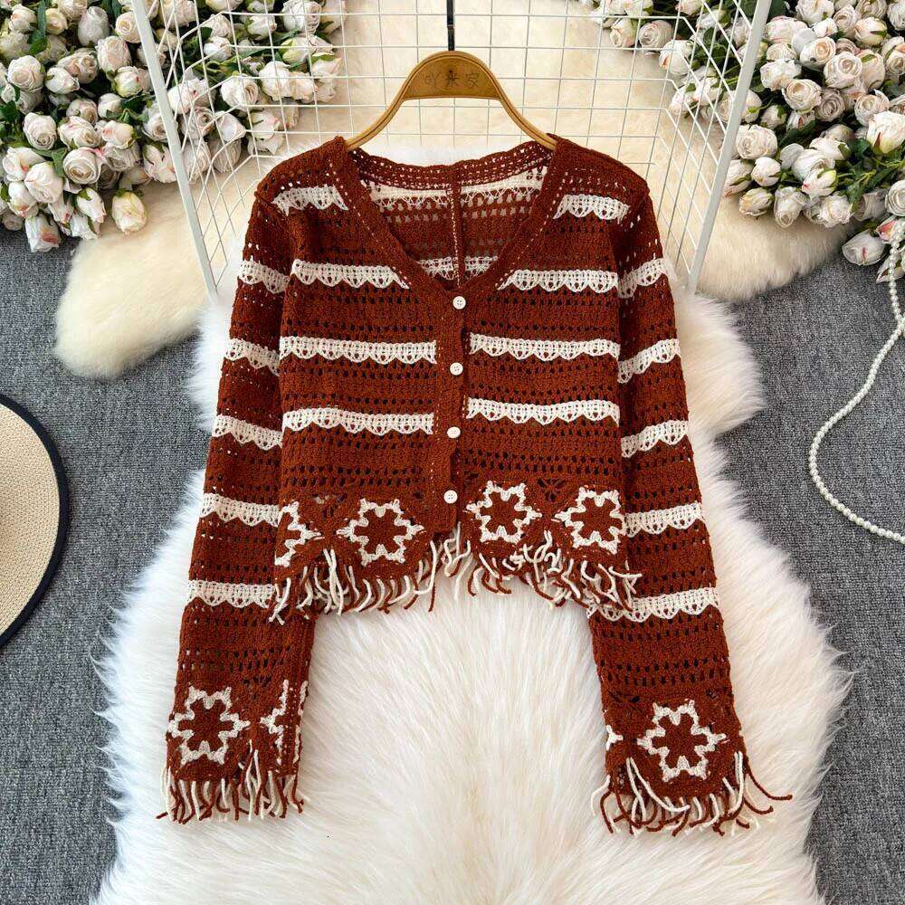 Embroidery Floral Crochet Knit Top with Tassel Long Sleeve Button-down Open-knit Cardigan Sweater Women Teen-girl Cute Outfit 26L0224