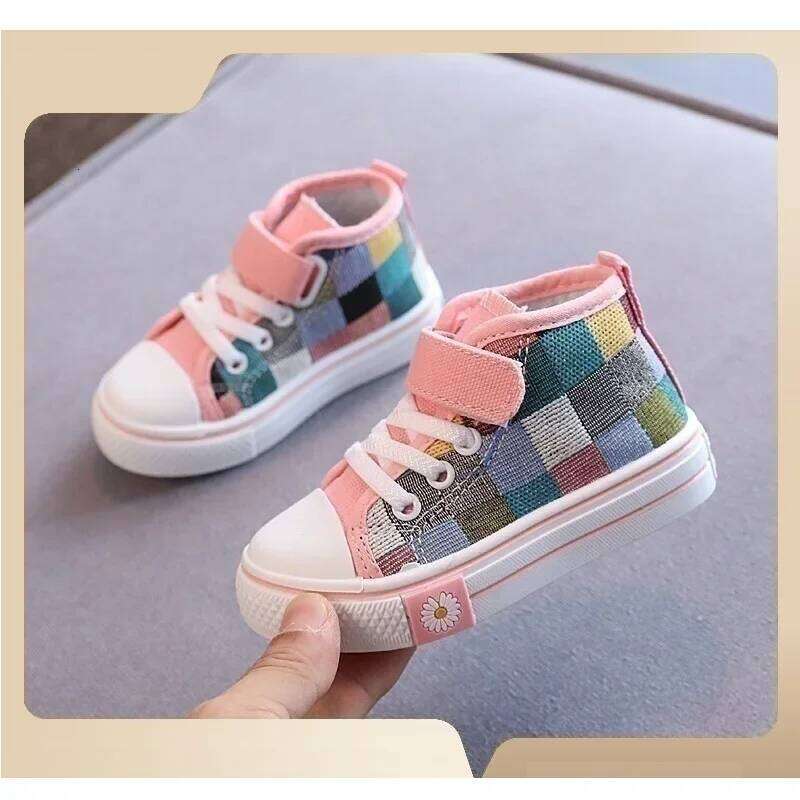 Children New Fashion Canvas Boys Girls Flower Plaid Prints Board High Top Soft Sole Non Slip Hook and Loop Shoes 26W0224