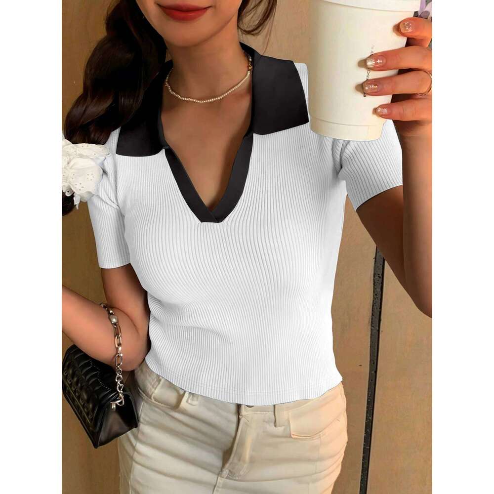 Summer V-neck Short Sleeve POLO Shirt Clash Color Ribbed New Fashion Casual Women's Tops Sweet Style 26W0224