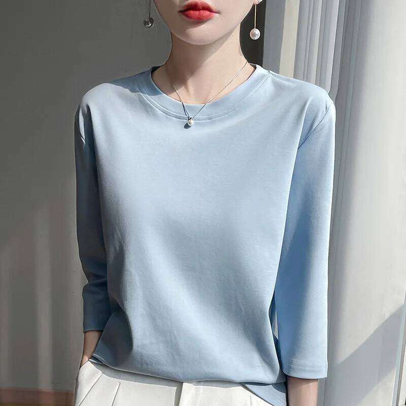 Mercerized Cropped Female Spring And Summer 2023 New Round Neck Loose 100% Cotton Short Sleeve Bottoming T-Shirt 26Y0224