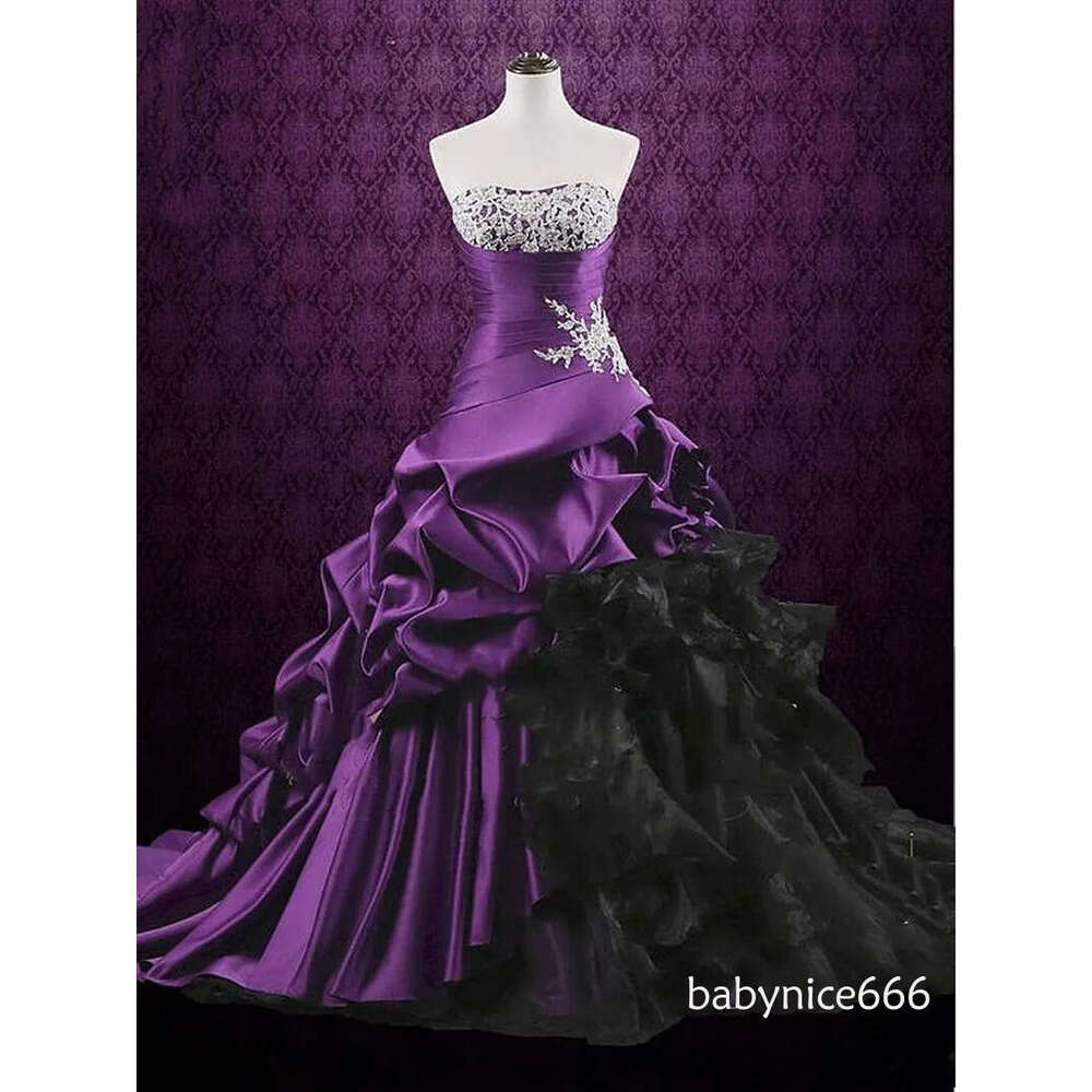 Vintage Purple And Black Wedding Dresses A Line Sleeveless Corset Long Bridal Gowns Ruched Lace Up Plus Size Gothic Bride Dress Vestido De Novia