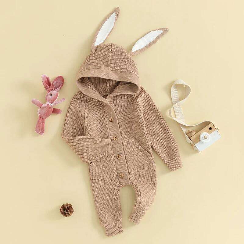 FOCUSNORM 0-18M Autumn Spring Baby Girls Boys Knit Rompers Bunny Ears Hooded Long Sleeve Single Breasted Jumpsuits 26H0224