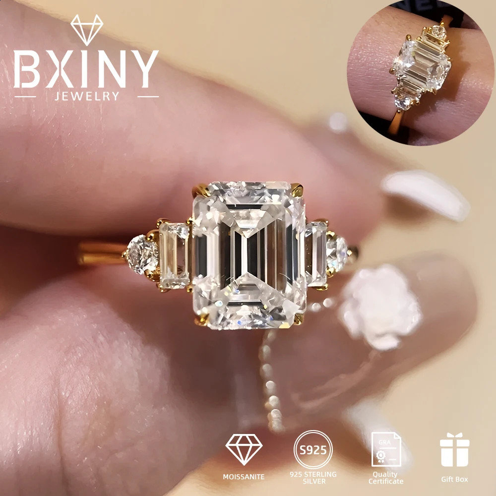 BXINY 2CT Emerald Cut Rings S925 Silver 18K Gold Plated GRA Certified Lab Diamond Wedding Band for Women Gift Jewelry 260124