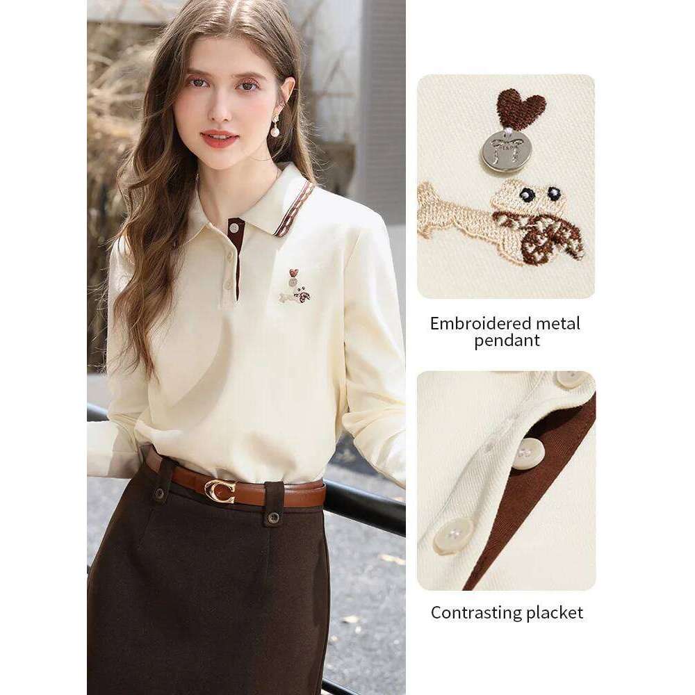 I BELIEVE YOU Polo Neck Long Sleeved T-shirt for Women Autumn 2025 Apricot Casual Tees Contrast Color Embroidery Top 2253016181 26W0224