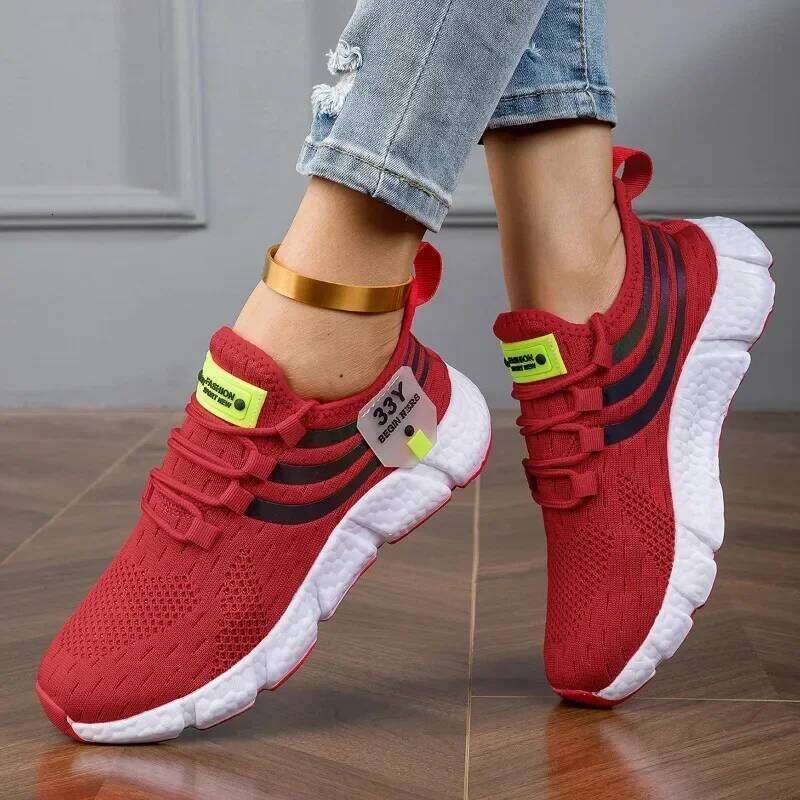 Women's Sneakers New Fashionable Breathable Flat Vulcanized Shoes 2025 Summer Mesh Knitted Lace Tenis Jeans Female Footwear