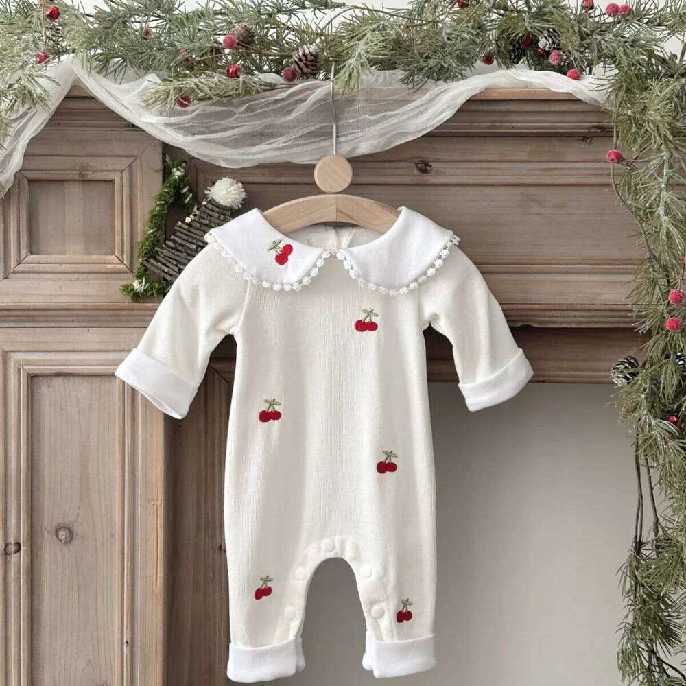 Spring Autumn Baby Girls Romper Soft Fabric Peter Pan Collar With Cherry Embroidery Newborn Infant Casual One-piece Clothing 26H0224