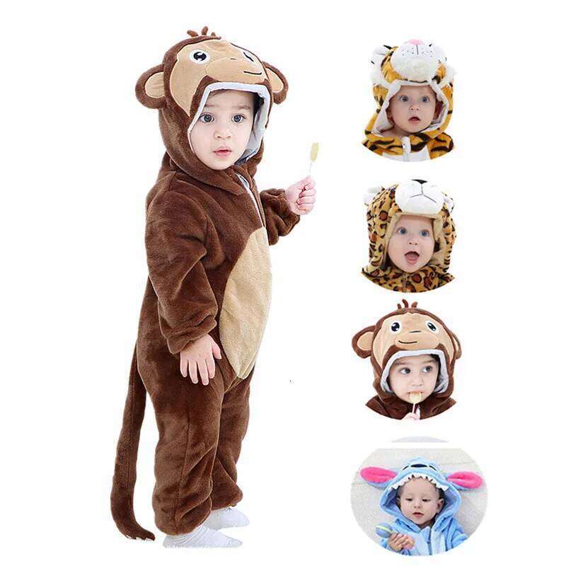 Monkey Animal Unisex Baby Tiger Costume Winter Autumn Fleece Cosplay Bodysuit Hooded Crawling Suit 26Y0224
