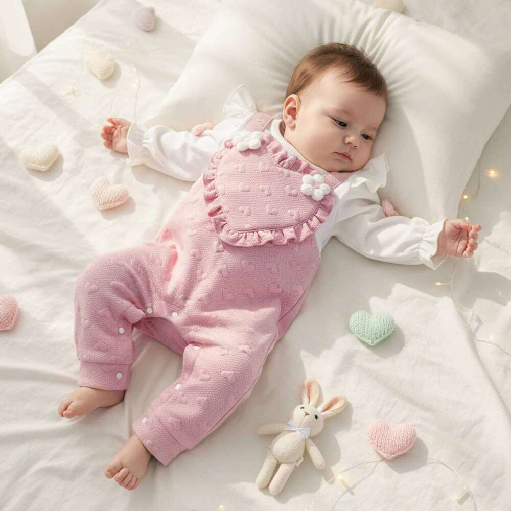 Baby Girls Spring Patchwork Romper Fake Two Pieces Heart Jacquard 3D Floral Long Sleeve Round Neck Jumpsuit 26H0224