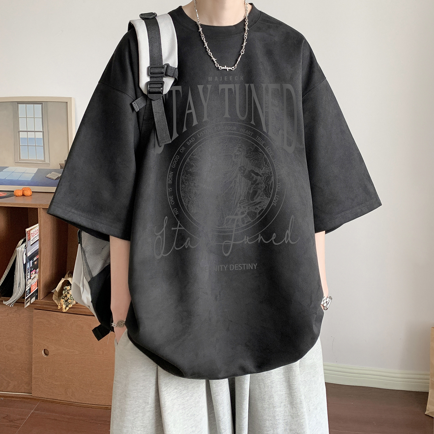 Men's Heavyweight Suede Short Sleeve T-Shirt Summer American Style Trendy Tops For Teen Boys