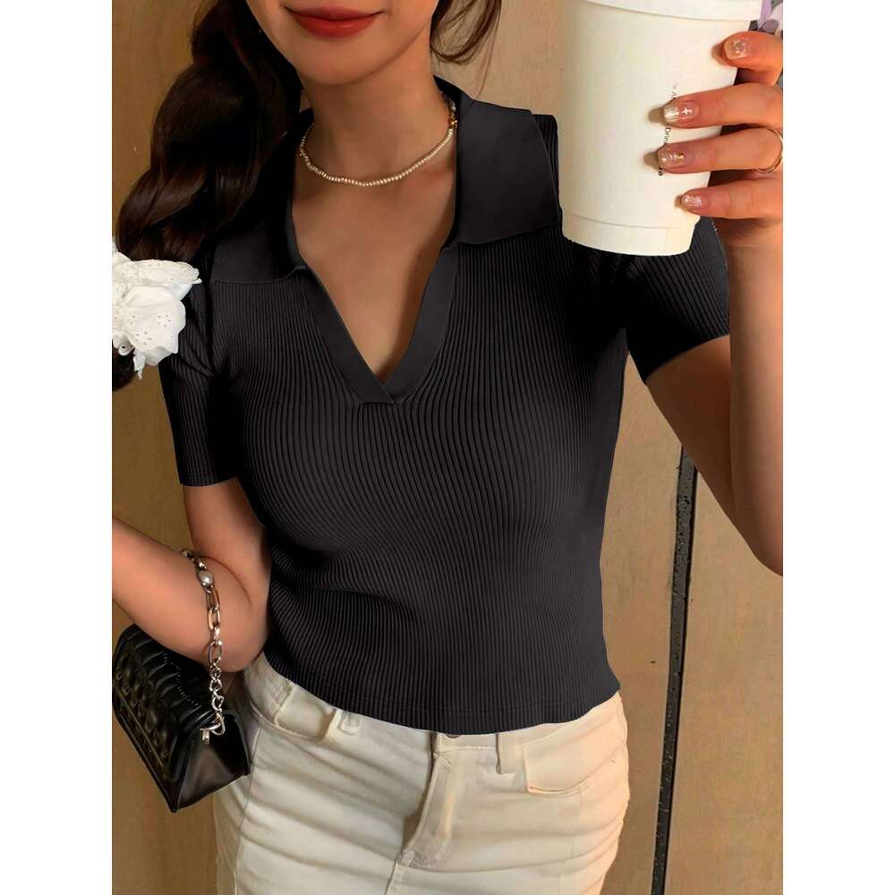 Summer V-neck Short Sleeve POLO Shirt Clash Color Ribbed New Fashion Casual Women's Tops Sweet Style 26W0224