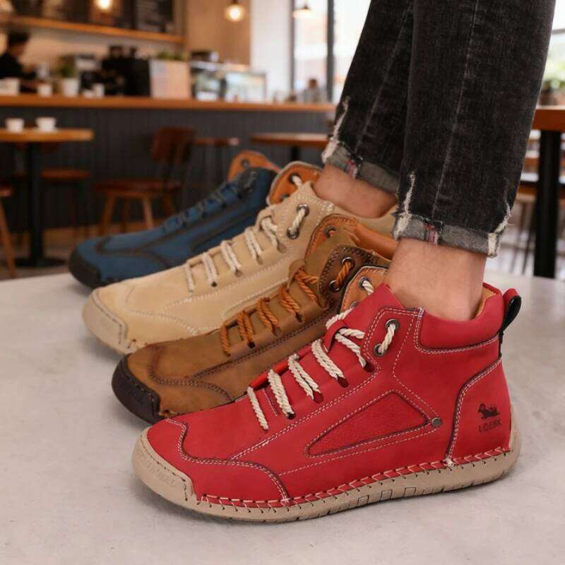 Men Fashion High Top Sneakers Beige Retro Track Style 2025 Breath Mixed Leather Ankle Boots Non Slip Comfort Casual Shoes Women
