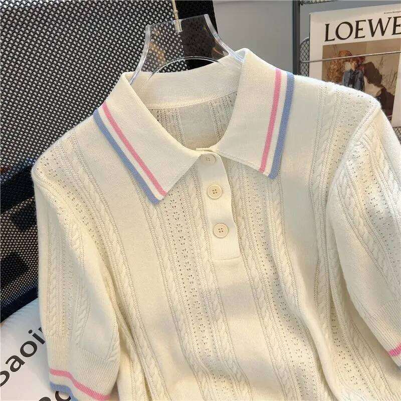 Women's Sweet Preppy Style Thin Knitted Polo Shirts Summer Fashion Striped Elegant Slim Short Sleeve Tops 26W0224