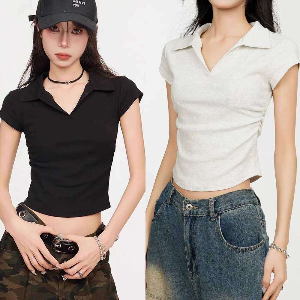 Polo TShirt Cotton Summer Sport T Shirt for Skinny Slim Basic Sexy Solid Grey Crop Short Sleeve Casual Women Top Tee 26W0224