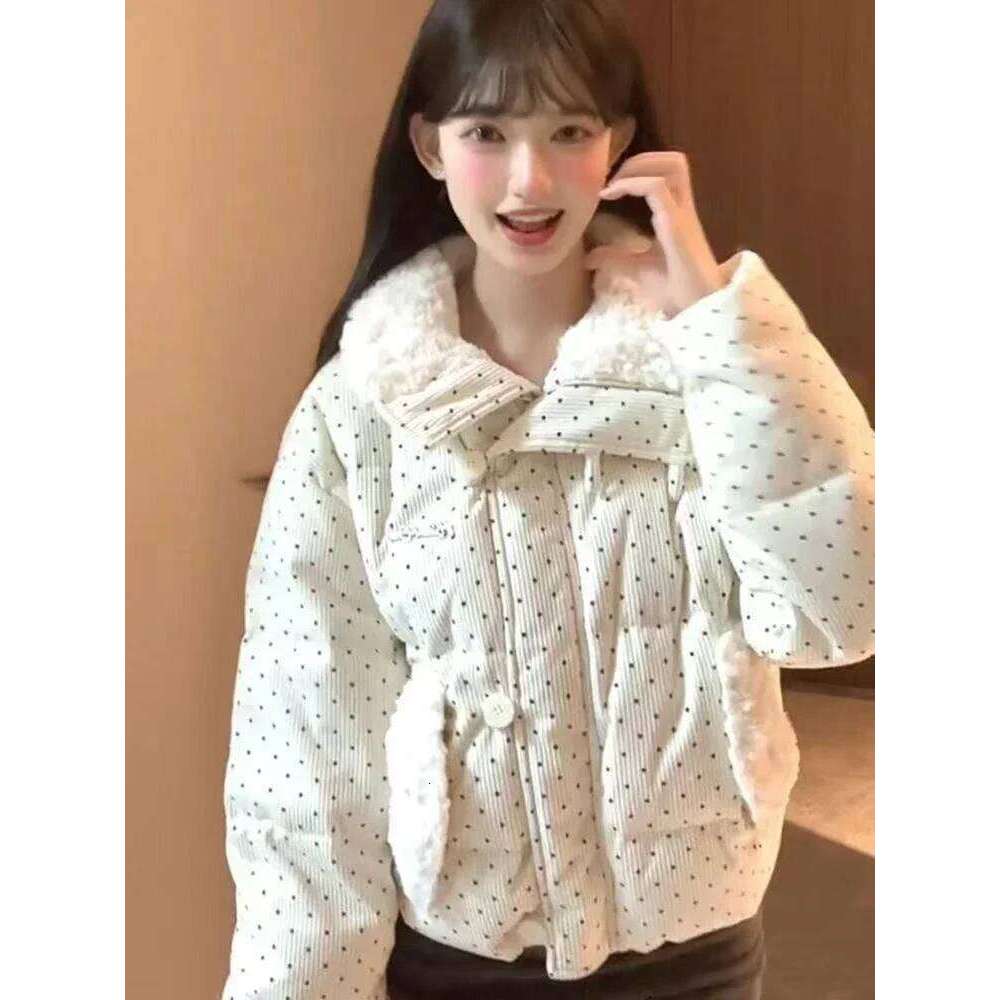 Mardi Hefxessdr Sweet Pola Dot Paras Women Winter Loose Casual Thicen Button Patchwor Puffy Coats Korean Fashion Fur Collar Female Outwear