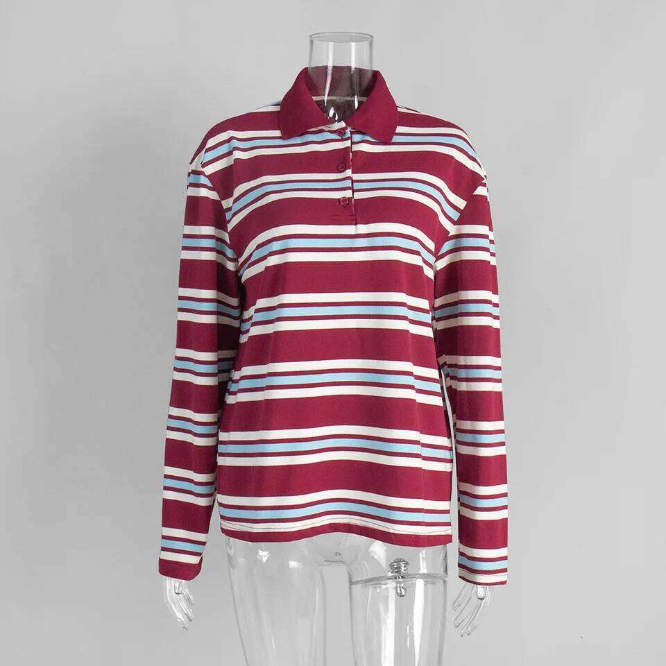 Autumn Casual Stripes Contrast Long-sleeved T-shirt Women Button Lapel Polo Shirt Tshirts New Streetwear Retro Chic Tops 2025 26W0224