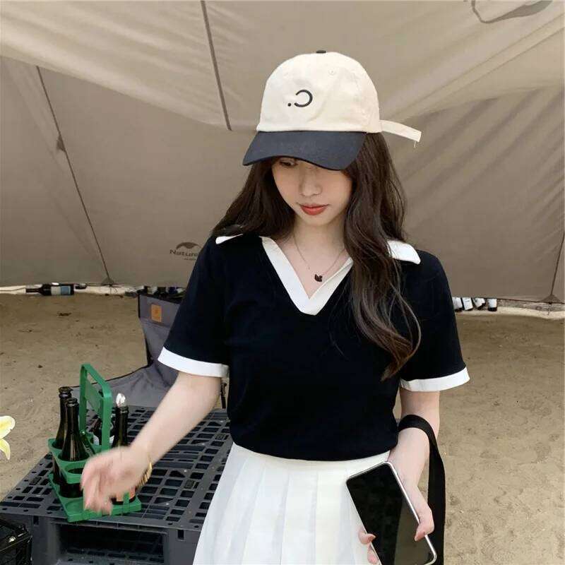 Summer Fashion Y2K T-shirt Woman Patchwork Polo Tee Shirt Femme Sexy OL Clothes Women Short Sleeve V-neck Tshirts Tops 26W0224