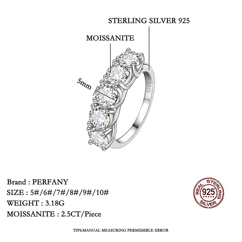 PERFANY 25/5CT Ring For Women S925 Pure Silver Five Gemstone Ring Wedding High-end Jewelry 260124
