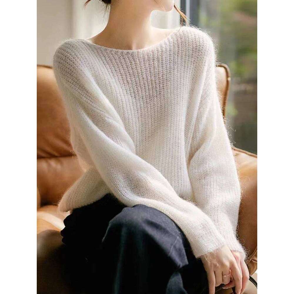 Elegant See-through Pullover Loose Jumper Autumn Winter Soft Warm Women Knitwear Sweater Basic Solid Cashmere Tops 26L0224